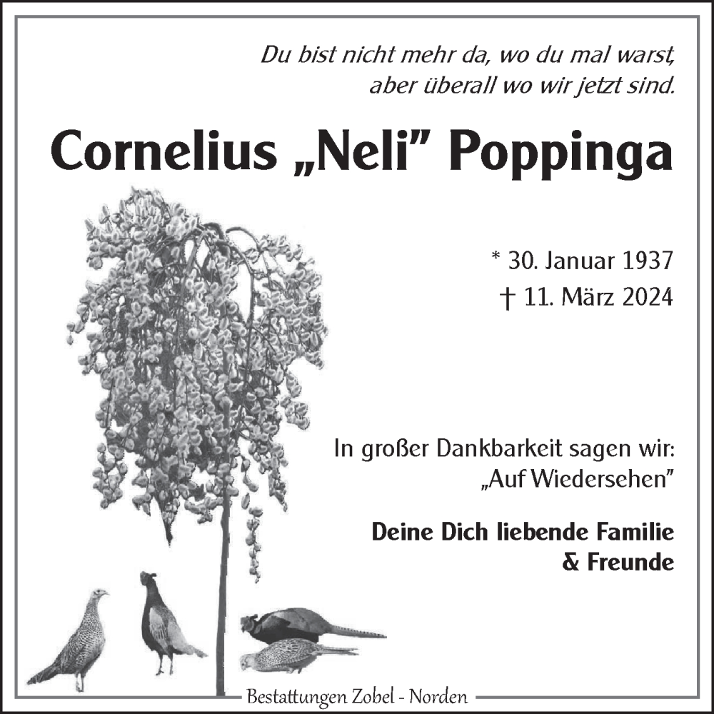  Traueranzeige für Cornelius ^^ Poppinga vom 23.03.2024 aus Ostfriesischer Kurier GmbH